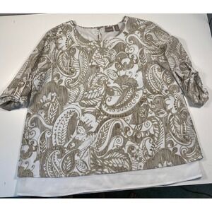 Chicos Paisley Layered Blouse Tan White Split Back Roll Tab Sleeve Chico's 3